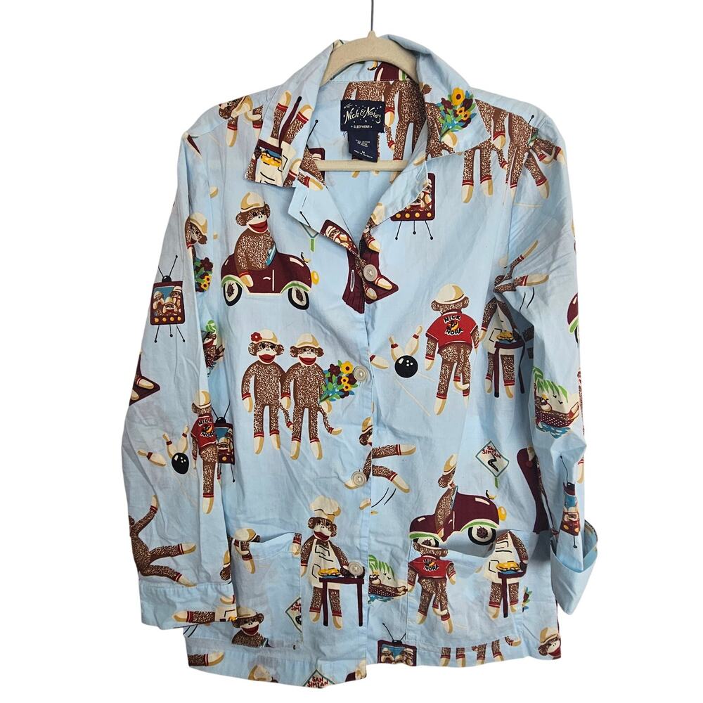 Nick & Nora Blue Moneky Bowling Flannel Pajamas 2-Pc Set Women M